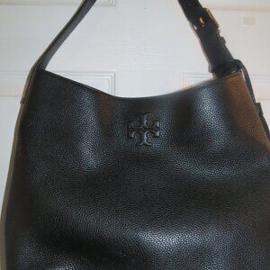 EUC Tory Burch Thea Hobo Large Pebbled Black Leather Top Handle Bag Purse